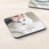 Cute White Cat Custom Text Bier Onderzetter (Linkerzijde)
