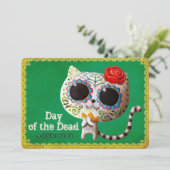 Cute White Cat Dia de Los Muertos Party Invitation Kaart (Staand voorkant)