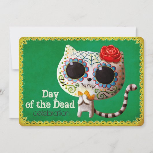 Cute White Cat Dia de Los Muertos Party Invitation Kaart (Voorkant)