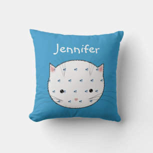 Cute White Cat Face met Blue Pattern, speciaal gep Kussen