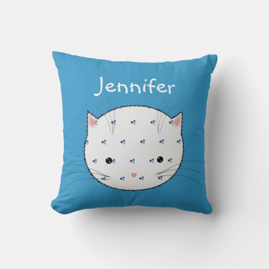 Cute White Cat Face met Blue Pattern, speciaal gep Kussen (Voorkant)