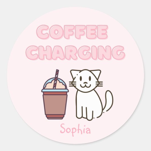 Cute White Cat&Funny Caffeine Pastel Classi Ronde Sticker (Voorkant)