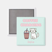 Cute White Cat&Funny Caffeine Pastel Magneet (Voorkant / Achterkant)