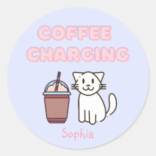 Cute White Cat&Funny Caffeine Pastel Ronde Sticker