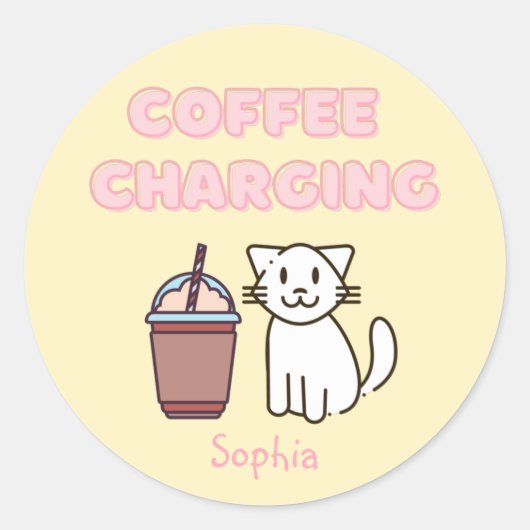Cute White Cat&Funny Caffeine Pastel Ronde Sticker (Voorkant)