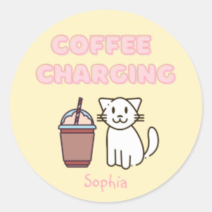 Cute White Cat&Funny Caffeine Pastel Ronde Sticker