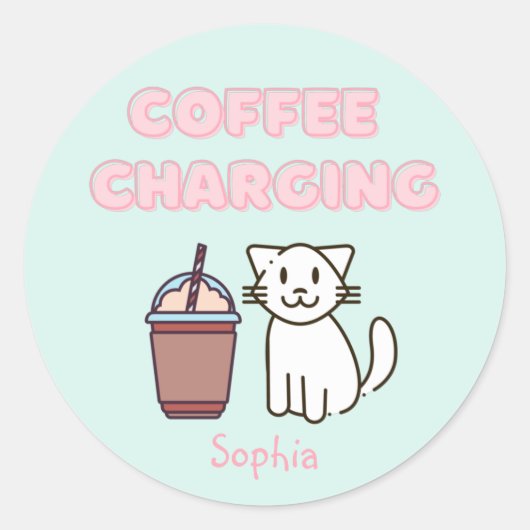 Cute White Cat&Funny Caffeine Pastel Ronde Sticker (Voorkant)