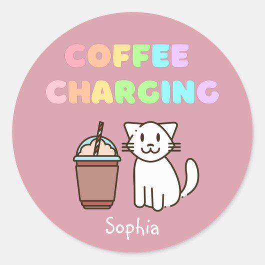 Cute White Cat&Funny Coffee Caffeine Rainbow Clas Ronde Sticker (Voorkant)