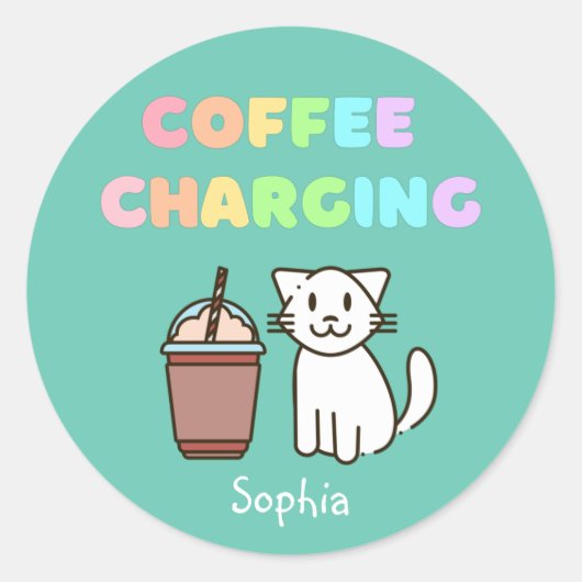 Cute White Cat&Funny Coffee Caffeine Rainbow Ronde Sticker (Voorkant)