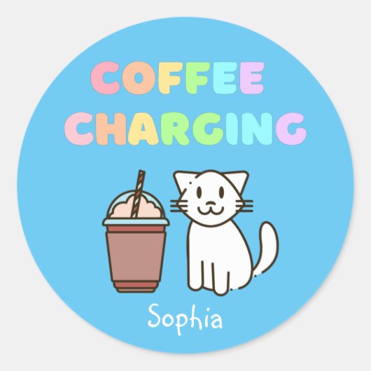Cute White Cat&Funny Coffee Caffeine Rainbow Ronde Sticker (Voorkant)