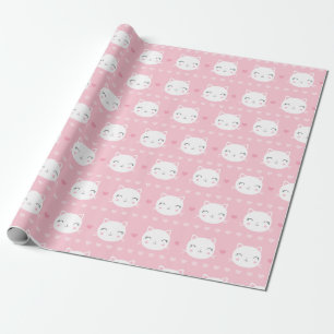 Cute White Cat Girly Pink Pattern Cadeaupapier