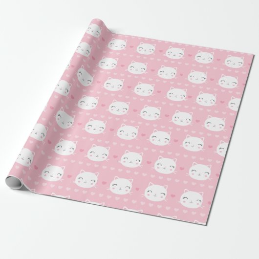 Cute White Cat Girly Pink Pattern Cadeaupapier (Uitgerold)