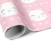 Cute White Cat Girly Pink Pattern Cadeaupapier (Rol Hoek)