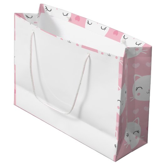 Cute White Cat Girly Pink Pattern Groot Cadeauzakje (Voorkant Gekanteld)