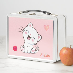 Cute White Cat & Heart on Light Pink