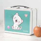 Cute White Cat & Heart op Blauwgroen (In situ)