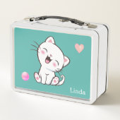 Cute White Cat & Heart op Blauwgroen (Achterkant)
