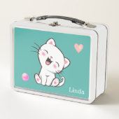 Cute White Cat & Heart op Blauwgroen (Voorkant)