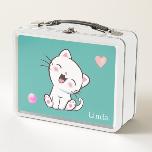 Cute White Cat & Heart op Blauwgroen (Voorkant)
