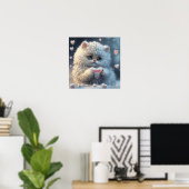Cute White Cat holding hart gepersonaliseerde kuns Poster (Thuiskantoor)