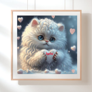 Cute White Cat holding hart gepersonaliseerde kuns Poster
