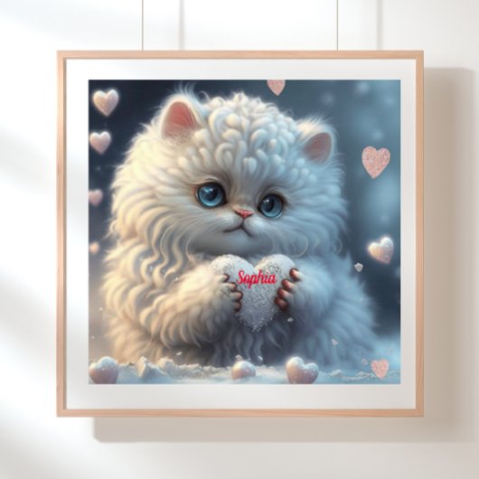 Cute White Cat holding hart gepersonaliseerde kuns Poster