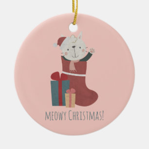 Cute White Cat in kerstsokken Keramisch Ornament