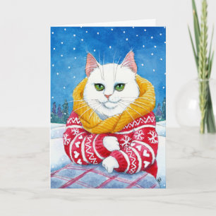 Cute White Cat Kerstmis of winter card Feestdagen Kaart