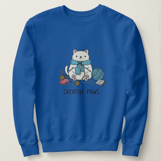 Cute White Cat Knitting Blue Yarn Cozy Design Trui (Design voorkant)