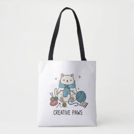 Cute White Cat Knitting Hobbyist Accessory Design Tote Bag