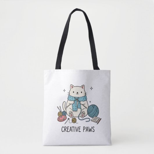Cute White Cat Knitting Hobbyist Accessory Design Tote Bag (Voorkant)