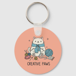 Cute White Cat Knitting with Blue Yarn Coral Art Sleutelhanger