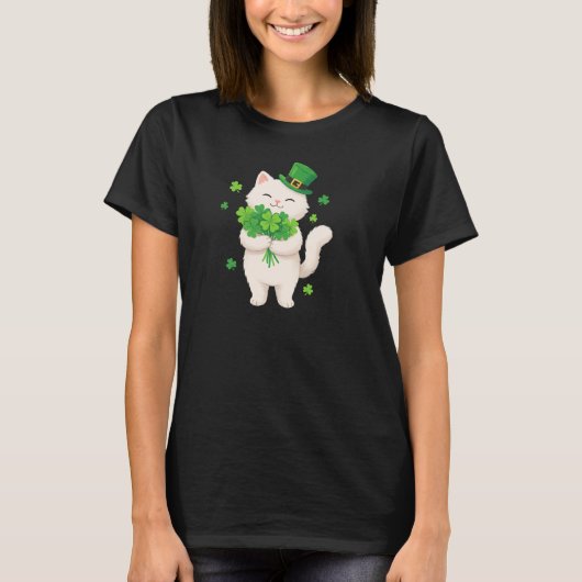 Cute White Cat Leprechaun Hat Shamrock Art T-shirt (Voorkant)
