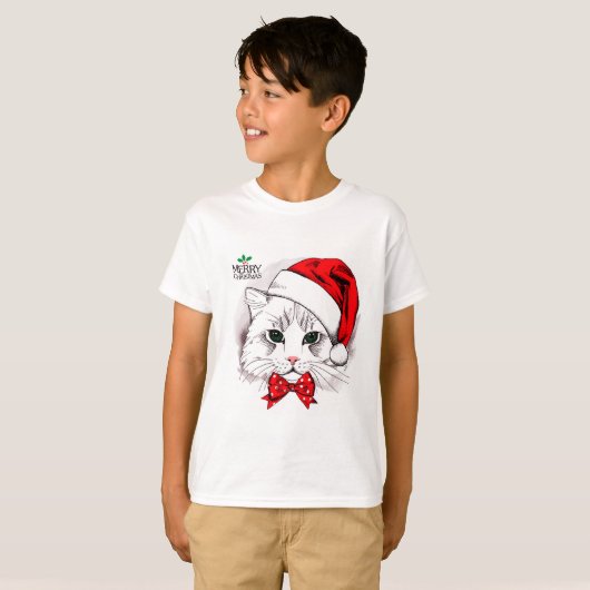 Cute White Cat Merry kerst T-shirt (Voorkant volledig)