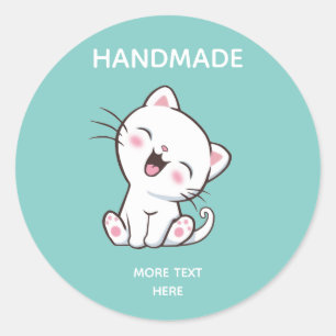 Cute White Cat on Light Blauwgroen Handmade Ronde Sticker