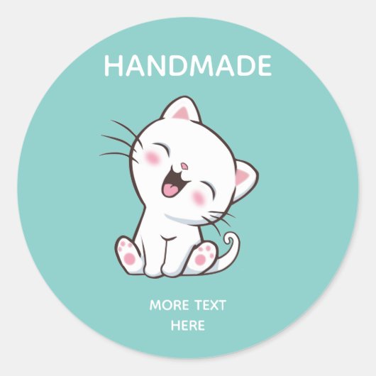 Cute White Cat on Light Blauwgroen Handmade Ronde Sticker (Voorkant)