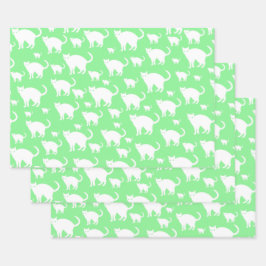 Cute White Cat Pattern, Green Background Inpakpapier Vel