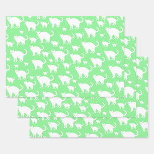 Cute White Cat Pattern, Green Background Inpakpapier Vel
