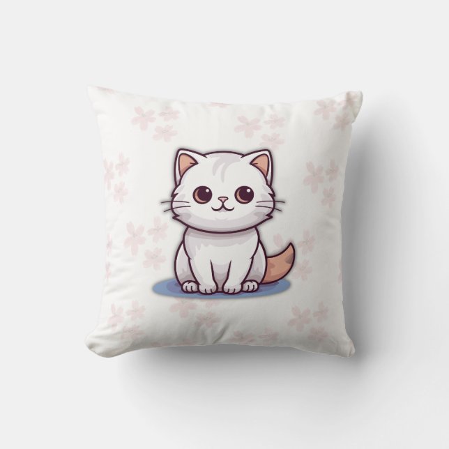 Cute White Cat Pillow – Pink Floral Design Kussen (Voorkant)