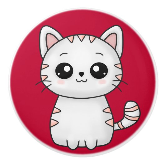 Cute White Cat Red Keramische Knop (Voorkant)