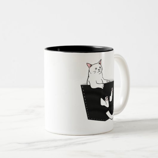 Cute White Cat Sits in Pocket Tweekleurige Koffiemok (Voorkant rechts)