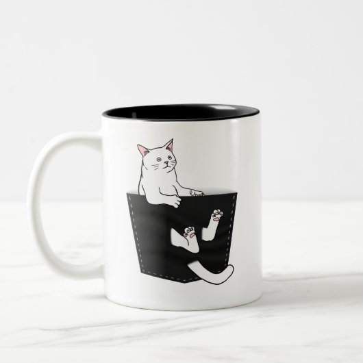 Cute White Cat Sits in Pocket Tweekleurige Koffiemok (Links)