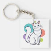 Cute White Cat Sitting Graphic Tee Sleutelhanger (voorkant)