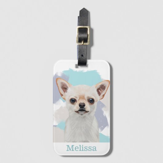 Cute White Chihuahua Abstract Blue Bagagelabel (Voorkant (verticaal))