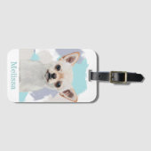 Cute White Chihuahua Abstract Blue Bagagelabel (Voorkant (horizontaal))