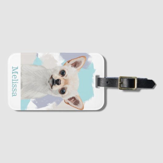 Cute White Chihuahua Abstract Blue Bagagelabel (Voorkant (horizontaal))
