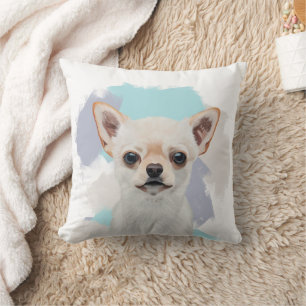 Cute White Chihuahua met Abstracte blauwe achtergr Kussen