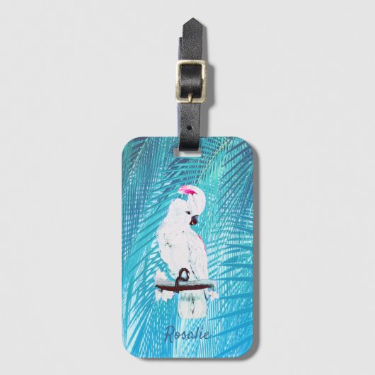 Cute White Cockatau Tropical Greenery Palm Leaves Bagagelabel (Voorkant (verticaal))