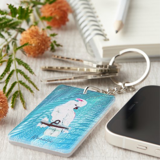 Cute White Cockatau Tropical Greenery Palm Leaves Sleutelhanger (Voorkant Rechts)