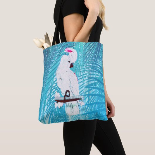 Cute White Cockatau Tropical Greenery Palm Leaves Tote Bag (Dichtbij)